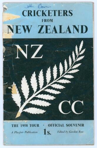 &lsquo;Cricketers from New Zealand&rsquo; 1958. Official tour souvenir programme for the tour by Playfair edited by Gordon Ross. Signed in ink to pen pictures by fifteen members of the touring party including Reid (Captain), Cave, Alabaster, Blair, D&rsquo;Arcy, Harford, H