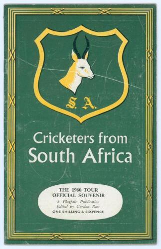 &lsquo;Cricketers from South Africa&rsquo; 1960. Official tour souvenir programme for the tour by Playfair edited by Gordon Ross. Signed in ink to pen pictures by fourteen playing members of the touring party. Signatures are McGlew (Captain), Goddard, Adcock, Carlste