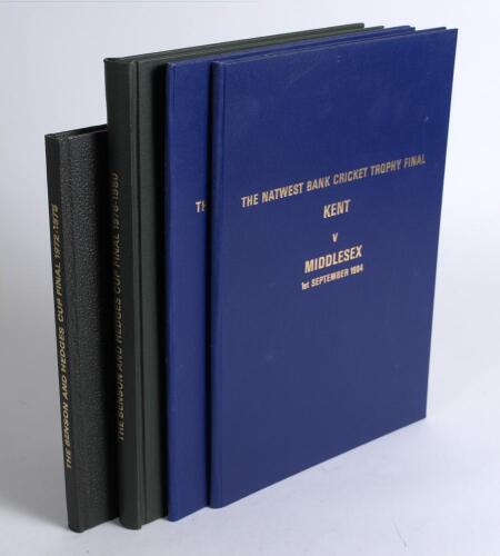 English domestic cricket Cup Final programmes 1972-1984. Four volumes of bound official programmes for Finals played at Lord&rsquo;s, all bound or tipped in with original wrappers retained. Includes two volumes of Benson & Hedges Cup Finals, one for seasons 197