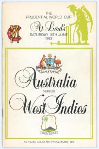 World Cup 1983. Australia v West Indies. Official programme for the Group B match played at Lord&rsquo;s 18th June 1983. Fully signed to the centre pages by all fourteen members of each of the touring parties. Australian signatures are Hughes, Border, Chappell,