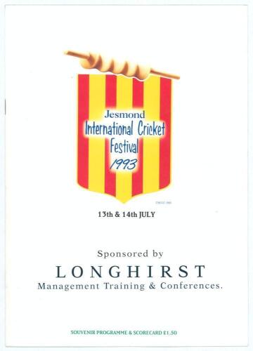 Jesmond International Cricket Festival 1993. Official programme for the two one-day matches played between An England XI and Rest of the World XI, 13th & 14th July 1993. Signed to the centre team listing pages by twenty two players. Signatures are Atherto