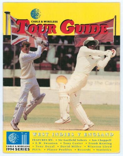 England tour to West Indies 1993/94. Official &lsquo;Cable and Wireless Tour Guide&rsquo; edited by Tony Cozier. Signed to the player profile pages by fourteen members of the England touring party and twelve West Indians. Signatures are Atherton, Stewart, Fraser, Hic