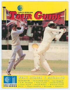 England tour to West Indies 1993/94. Official &lsquo;Cable and Wireless Tour Guide&rsquo; edited by Tony Cozier. Signed to the player profile pages by fourteen members of the England touring party and twelve West Indians. Signatures are Atherton, Stewart, Fraser, Hic