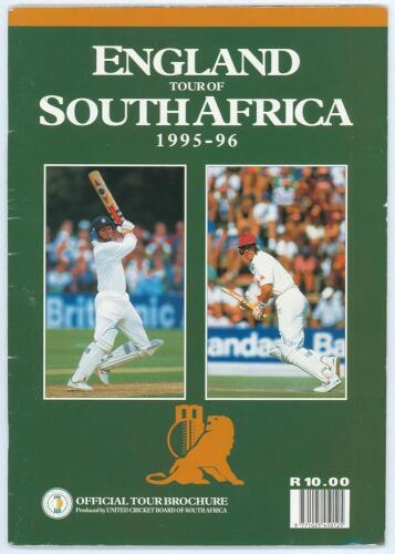 England tour to South Africa 1995/96. Official souvenir tour guide signed by sixteen members of the England touring party and seven South Africans. England signatures are Atherton, Stewart, Cork, Crawley, Fraser, Gough, Hick, Richard Illingworth, Ilott, M