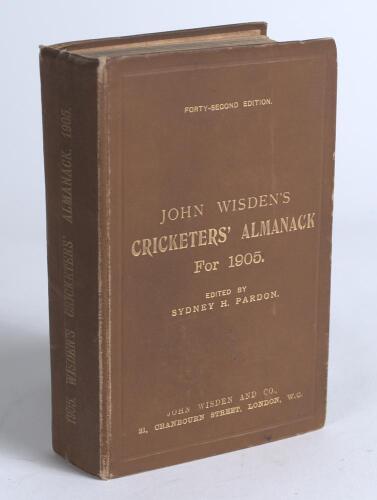 Wisden Cricketers&rsquo; Almanack 1905. 42nd edition. Original hardback. Some wear to board and spine extremities, odd minor mark to boards, some fading to the gilt titles on the spine and to a lesser extent the front board, broken rear internal hinges, wear to