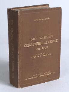 Wisden Cricketers&rsquo; Almanack 1905. 42nd edition. Original hardback. Some wear to board and spine extremities, odd minor mark to boards, some fading to the gilt titles on the spine and to a lesser extent the front board, broken rear internal hinges, wear to
