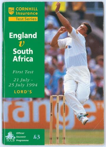 England v South Africa 1994. Official programme for the 1st Test, Lord&rsquo;s, 21st- 25th July 1994. Signed to the pages by ten England players and two South Africans. Signatures are Atherton, Stewart, Crawley, Fraser, Gooch, Gough, Hick, Rhodes, Salisbury, Wh