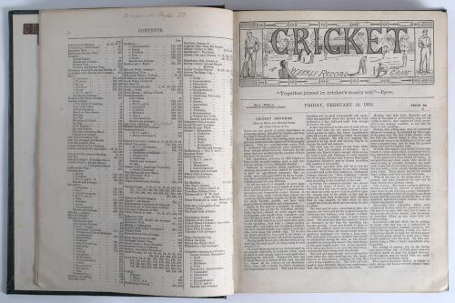 &lsquo;Cricket: A Weekly Record of the Game&rsquo;. Volume II nos. 22-49 (16th February to 27th December 1883). Illustrated. Bound in later full green leather, gilt title to spine, complete with title and contents pages to front, lacking original wrappers. Odd nicks 