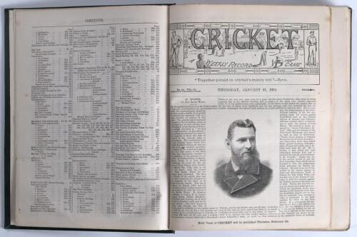 &lsquo;Cricket: A Weekly Record of the Game&rsquo;. Volume III nos. 50-79 (31st January to 25th December 1884). Illustrated. Bound in later full green leather, gilt title to spine, red speckled page edges, complete with title and contents pages to front, lacking orig
