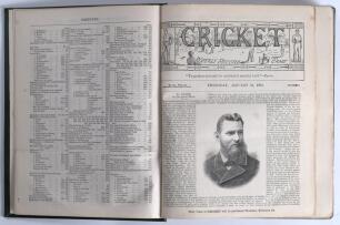 &lsquo;Cricket: A Weekly Record of the Game&rsquo;. Volume III nos. 50-79 (31st January to 25th December 1884). Illustrated. Bound in later full green leather, gilt title to spine, red speckled page edges, complete with title and contents pages to front, lacking orig