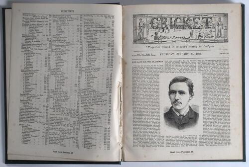 &lsquo;Cricket: A Weekly Record of the Game&rsquo;. Volume V nos. 110-139 (28th January to 30th December 1886). Illustrated. Bound in later green cloth, gilt title to spine, red speckled page edges, complete with title and contents pages to front, lacking original wr