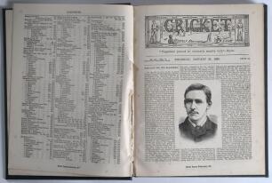 &lsquo;Cricket: A Weekly Record of the Game&rsquo;. Volume V nos. 110-139 (28th January to 30th December 1886). Illustrated. Bound in later green cloth, gilt title to spine, red speckled page edges, complete with title and contents pages to front, lacking original wr