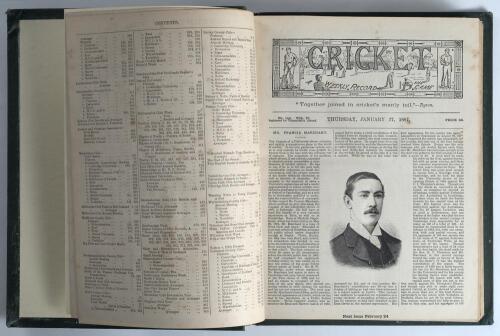 &lsquo;Cricket: A Weekly Record of the Game&rsquo;. Volume VI nos. 140-169 (27th January to 29th December 1887). Illustrated. Bound in publisher&rsquo;s green cloth, gilt title to front and spine, replacement endpapers, complete with title and contents pages to front, lack