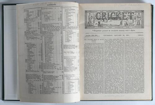 &lsquo;Cricket: A Weekly Record of the Game&rsquo;. Volume VIII nos. 200-239 (24th January to 27th December 1889). Illustrated. Bound in later green cloth, gilt title to spine, marbled page edges, complete with title and contents pages to front, lacking original wrap