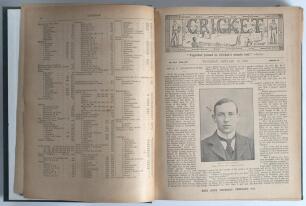 &lsquo;Cricket: A Weekly Record of the Game&rsquo;. Volume XV nos. 410-439 (30th January to 31st December 1896). Illustrated. Bound in later green cloth, gilt title to spine, red page edges, complete with title and contents pages to front, lacking original wrappers. 