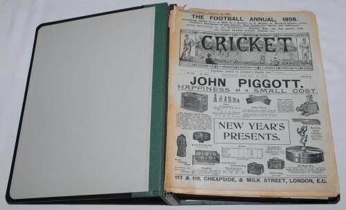 &lsquo;Cricket: A Weekly Record of the Game&rsquo;. Volume XVIII nos. 500-529 (26th January to 21st December 1899). Illustrated. Complete run of issues loosely inserted in later green binder. Lacking the poster supplement for 13th April. Title and contents pages incl