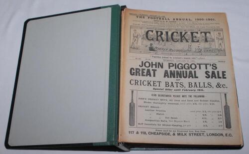 &lsquo;Cricket: A Weekly Record of the Game&rsquo;. Volume XX nos. 560-589 (31st January to 19th December 1901). Illustrated. Complete run of issues loosely inserted in later green binder. Lacking the poster supplement for 11th April. Title and contents pages include