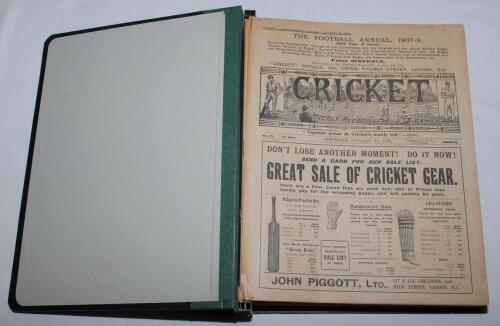 &lsquo;Cricket: A Weekly Record of the Game&rsquo;. Volume XXVII nos. 770-799 (30th January to 24th December 1908). Illustrated. Complete run of issues loosely inserted in later green binder. Lacking the Cricket Fixtures supplement for 9th April. Title and contents p