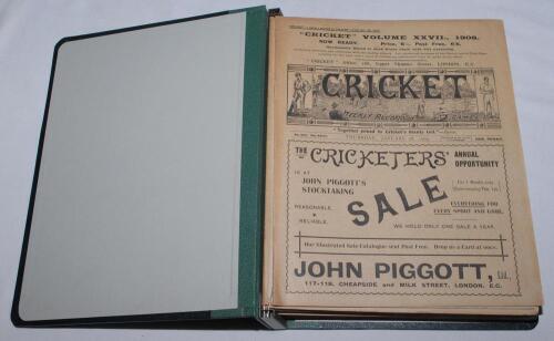 &lsquo;Cricket: A Weekly Record of the Game&rsquo;. Volume XXVIII nos. 800-829 (28th January to 21st December 1909). Illustrated. Complete run of issues loosely inserted in later green binder. Lacking the Cricket Fixtures supplement for 22nd April. Title and contents