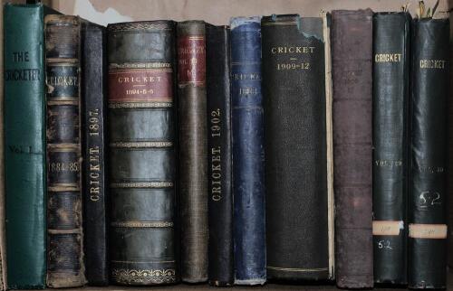 &lsquo;Cricket: A Weekly Record of the Game&rsquo;. Box comprising ten volumes of issues in various different bindings. Years covered are 1884-1885, 1888, 1892, 1894-1896, 1897, 1900, 1902, 1909-1912, 1910, and 1911. The majority lacking some issues, the bindings in 