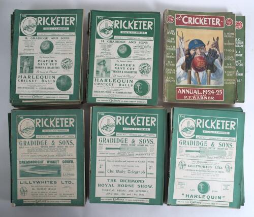 The Cricketer Magazine 1924-1960s. A good run of loose individual issues of over 170 copies of the magazine. Includes apparently complete runs for 1924 Vol. V nos. 1-25, 1925 Vol. VI nos. 1-18, 1926 Vol. VII nos. 1-18, 1927 Vol. VIII nos. 1-20, and 1928 V