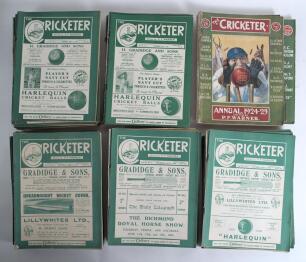 The Cricketer Magazine 1924-1960s. A good run of loose individual issues of over 170 copies of the magazine. Includes apparently complete runs for 1924 Vol. V nos. 1-25, 1925 Vol. VI nos. 1-18, 1926 Vol. VII nos. 1-18, 1927 Vol. VIII nos. 1-20, and 1928 V