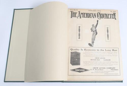 &lsquo;The American Cricketer&rsquo; 1922. Vol. XLVI nos. 803-814, January- December 1922. Published by the Associated Cricket Clubs of Philadelphia. Complete run of the twelve monthly issues of the magazine, bound in modern green cloth with gilt title to spine, orig