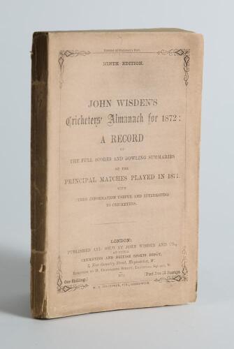 Wisden Cricketers&rsquo; Almanack 1872. 9th edition. Original paper wrappers. Odd very minor wear to wrappers, minor nick to the edge of the rear wrapper, very minor wear to the spine with slight split to base where it meets the rear wrapper otherwise in very g