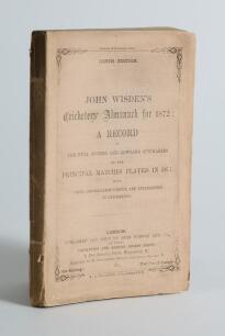 Wisden Cricketers&rsquo; Almanack 1872. 9th edition. Original paper wrappers. Odd very minor wear to wrappers, minor nick to the edge of the rear wrapper, very minor wear to the spine with slight split to base where it meets the rear wrapper otherwise in very g