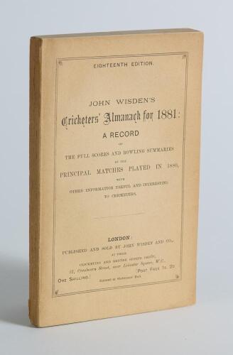 Wisden Cricketers&rsquo; Almanack 1881. 18th edition. Original paper wrappers. The book is in outstanding condition, not often seen for this early edition