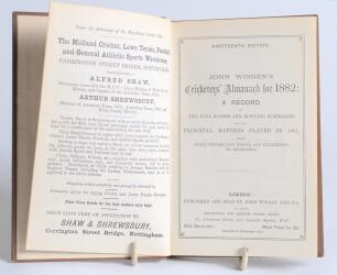 Wisden Cricketers&rsquo; Almanack 1882. 19th edition. Bound in brown boards, with gilt titles to front board and spine very similar to an original hardback edition, lacking original paper wrappers. Lacking three advertising pages at the rear otherwise in very g