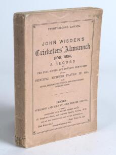 Wisden Cricketers&rsquo; Almanack 1885. 22nd edition. Original paper wrappers. The spine of the book is cocked to the right, minor wear to wrappers, minor chip to wrapper extremities, some wear to the spine with small loss to the base otherwise in good/very goo
