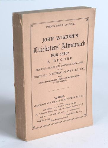 Wisden Cricketers&rsquo; Almanack 1886. 23rd edition. Original paper wrappers. Very minor darkening to spine paper, very slight cracking to edge of the spine paper otherwise in very good+ condition. This edition is not often seen in such lovely condition