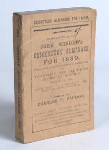 Wisden Cricketers&rsquo; Almanack 1889. 26th edition. Original paper wrappers. The price of the book has been marked through in ink and the price of 5/- written next to it, some minor wear to wrappers, some fading to the printed titles, some wear to the head of