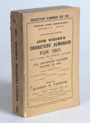 Wisden Cricketers&rsquo; Almanack 1901. 38th edition. Original paper wrappers. Some wear to the spine paper with slight loss, very small loss to the left hand bottom corner of the front wrapper, slight discolouration to spine paper otherwise in very good condi