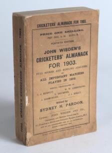 Wisden Cricketers&rsquo; Almanack 1903. 40th edition. Original paper wrappers. Some darkening and discolouration to wrappers and spine, small loss to spine paper, some breaking to page block, odd chipping to wrapper extremities, splitting to the edge of the fro