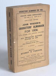 Wisden Cricketers&rsquo; Almanack 1906. 43rd edition. Original paper wrappers. Very minor loss to the spine paper, minor chip to edge of the front wrapper, broken book block otherwise in very good condition