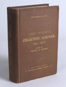 Wisden Cricketers&rsquo; Almanack 1907. 44th edition. Original hardback. Some minor bumping to front board extremities, minor wear to board corners otherwise in good/very good condition
