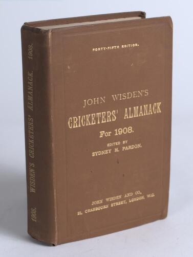 Wisden Cricketers&rsquo; Almanack 1908. 45th edition. Original hardback. Some minor wear and bumping to corners, odd minor marks to front board otherwise in very good condition with gilt titles bright