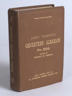 Wisden Cricketers&rsquo; Almanack 1908. 45th edition. Original hardback. Some minor wear and bumping to corners, odd minor marks to front board otherwise in very good condition with gilt titles bright