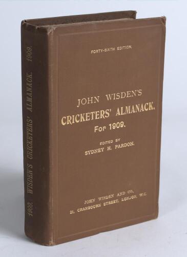 Wisden Cricketers&rsquo; Almanack 1909. 46th edition. Original hardback. Some very minor wear to corners otherwise in good/very good condition with gilt titles bright