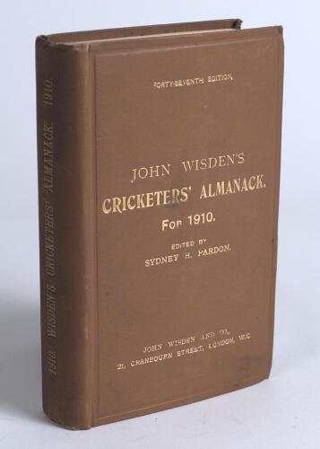 Wisden Cricketers&rsquo; Almanack 1910. 47th edition. Original hardback. Some very minor wear to boards, some breaking to the front internal hinge otherwise in good/very good condition