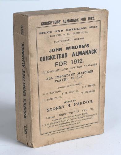 Wisden Cricketers&rsquo; Almanack 1912. 49th edition. Original paper wrappers. Spine slightly cocked to the right, minor wear and very small loss to the base of the spine, very minor foxing to wrappers otherwise in good/very good condition