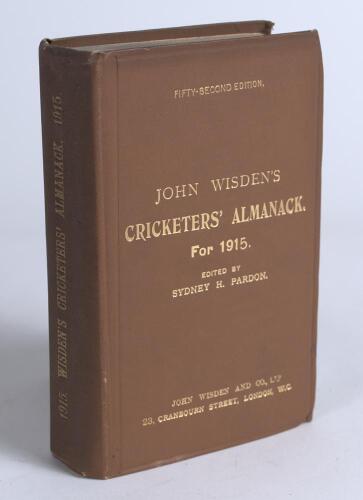 Wisden Cricketers&rsquo; Almanack 1915. 52nd edition. Original hardback. Attractive bookplate to inside front board. Good/very good condition with gilt titles bright
