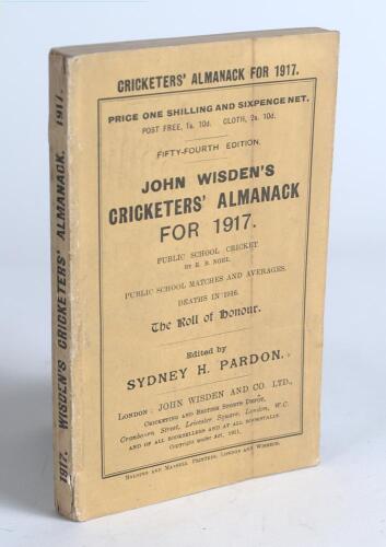 Wisden Cricketers&rsquo; Almanack 1917. 54th edition. Original paper wrappers. Vertical crease to front wrapper, minor wear to spine paper with small loss to head and base otherwise in good/very good condition. Rare war-time edition