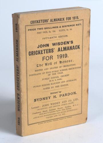 Wisden Cricketers&rsquo; Almanack 1919. 56th edition. Original paper wrappers. Slight foxing to vertical edge of front wrapper, minor wear to lower corner of front wrapper otherwise in good/very good condition. Rare war-time edition