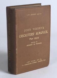 Wisden Cricketers&rsquo; Almanack 1920. 57th edition. Original hardback. Some dulling to gilt titles to spine paper, some darkening to spine paper, minor wear to front board extremities, slight soiling to yellow end papers otherwise in good/very good condition