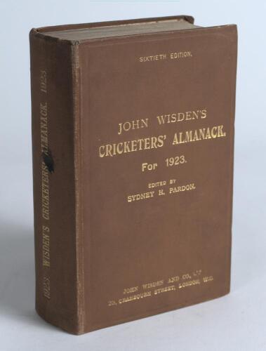 Wisden Cricketers&rsquo; Almanack 1923. 60th edition. Original hardback. Ink stain to spine paper, minor wear to top corner of rear board, name of ownership written to top border of the inside of the front board otherwise in good/very good condition with gilt t