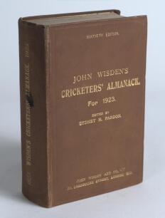 Wisden Cricketers&rsquo; Almanack 1923. 60th edition. Original hardback. Ink stain to spine paper, minor wear to top corner of rear board, name of ownership written to top border of the inside of the front board otherwise in good/very good condition with gilt t
