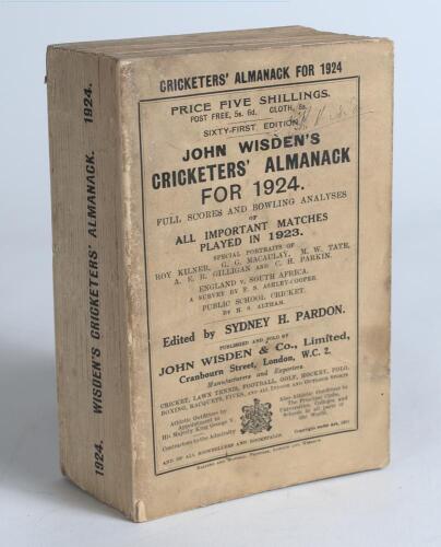Wisden Cricketers&rsquo; Almanack 1924. 61st edition. Original paper wrappers. Some wear and age toning to wrappers and spine, name of ownership written to top of the front wrapper, very minor loss to the base of the spine paper otherwise in generally good/very